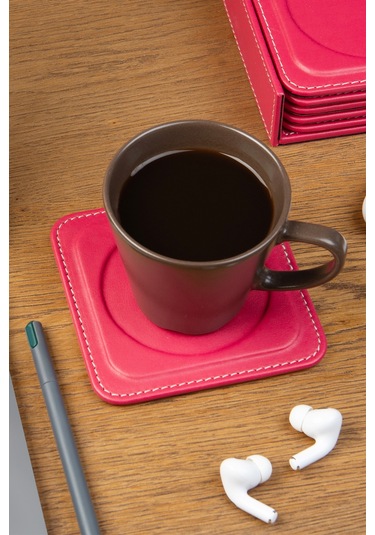 Bardak Altlığı,6 Lı Set,masaüstü Yuvarlak Cup Coaster,vegan Suni Deri,11x11 Cm.,fuşya Fuşya