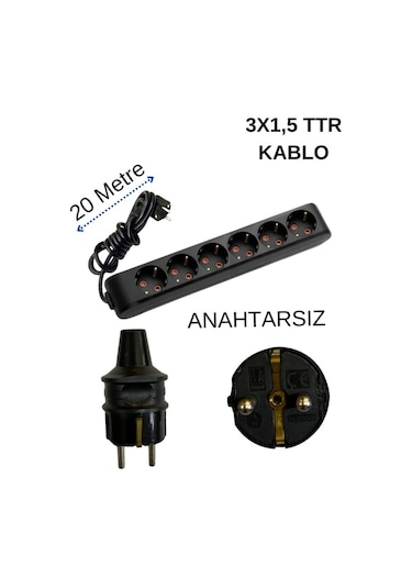 Avarson 6'lı Altılı Priz Topraklı Kablolu Siyah 3x1,5 Ttr 20 Yirmi Metre