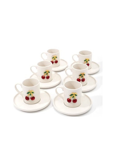 Mest 6 Kişilik Kiraz Model 12 Parça Porselen Kahve Fincan Takımı - Şık Kahve Fincan Seti 120 Ml Beyaz