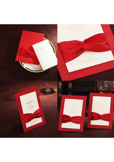 Shineyee 10 Adet Kırmızı Bow Kumaşlı Davetiye Seti - Zarf + Boş İç Kart + Kılıf + Askı, Düğün & Parti İçin Elegan Tasarım