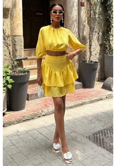Crop Bluz Ve Kat Kat Etekli Takım 10207 Altın
