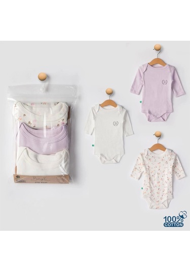 Babydonat 3'lü Naturel Çiçekli Bebek Badi Zıbın - Beyaz Lila %100 Pamuk Lila