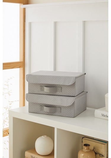 Ocean Home Textile 2'li Gri Balıksırtı Kapaklı Kutu Set 30 x 23 x 11 cm