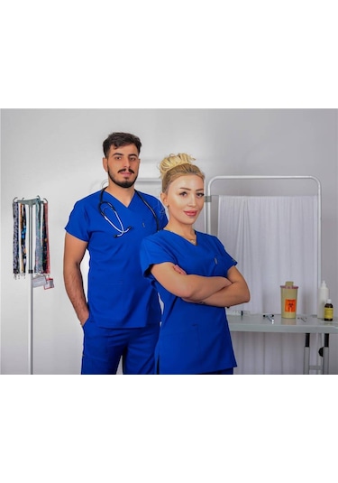 Likralı Cerrahi Forma Unisex Hemşire Doktor Sağlıkçı Forması Scrubs Üniforma Saks Mavisi