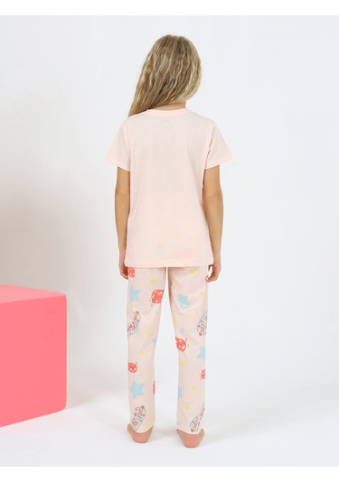 Kız Çocuk Kısa Kollu %100 Pamuklu Flower Up Pijama Takımı Fun Somon