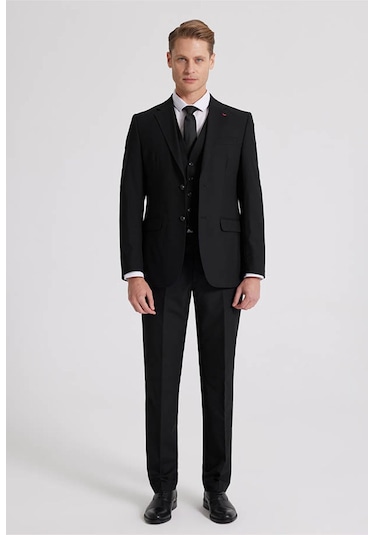 Ds Damat Slim Fit Siyah Mono Yaka Tek Yırtmaçlı Astarlı Takim Elbise Yelekli 4HFY5ORT01599 Siyah