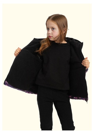 Kız Çocuk Pusula Desen Polar Su Ve Rüzgar Geçirmez Kapüşonlu Şişme Kışlık Mont Mor