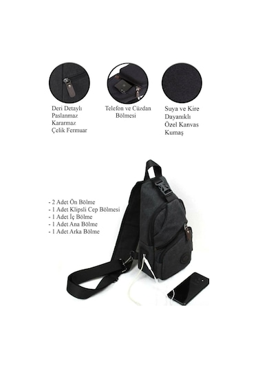 Newish Polo Erkek Kanvas Kumaş Usb Ve Kulaklık Çıkışlı Çapraz Göğüs Bel Ve Omuz Çantası New117 - Siyah