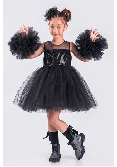 Kız Çocuk Abiye Elbise Ponpon Kol Pul Payetli Tütülü Siyah