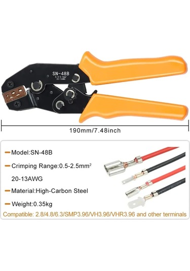 Neevoyu Sn-48b Ratchetli Tel Pres Aleti, Ergonomik Tutamaklı, 0.5-2.5mm²/20-13awg Aralığında, 2.8/4.8/6.3 Terminal İçin Terminal Hariç