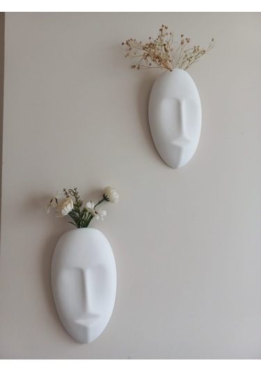 Dekoratif 2'li Yüz Duvar Vazosu, Duvar Süsü ,heykel Aksesuar Beyaz