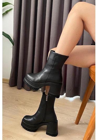 Asmi Shoes Kadın Leysi 8 Cm Platformlu Topuklu Fermuarlı Bot Siyah Siyah