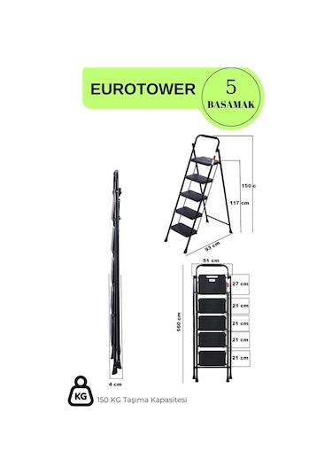 Eurotower 5 Basamak Özel Tasarım Geniş Basamaklı Siyah Merdiven 3+1