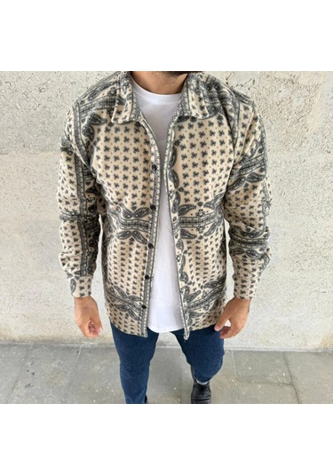 Erkek Polar Fermuarlı Sweatshirt - Kapüşonsuz, Cepli, Yumuşak Dokulu, Oversize Rahat Kalıp, Kışlık Sıcak Tutan Fermuarlı Üst - Bej Siyah