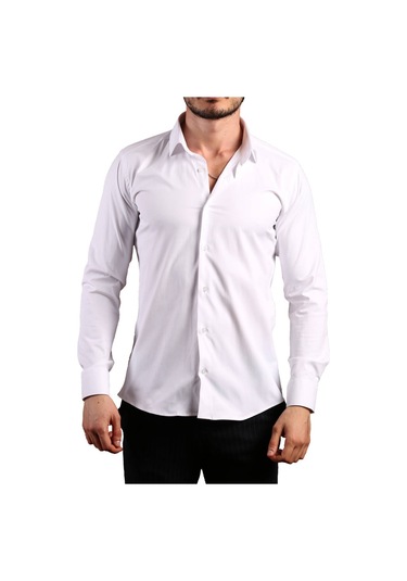 Beyaz Ekstra Dar Kesim Likralı Düğmeli Slim Fit Erkek Gömlek - 195-1 001