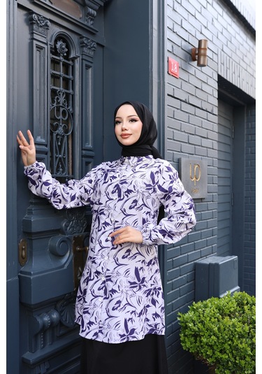 Kadın Mor Çiçek Desenli Pamuk Dokuma Kumaş Tunik Gömlek Etekli Takım Tk1412 Mor