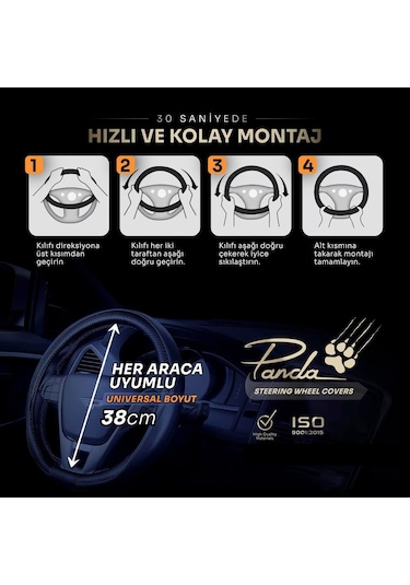 Panda Oto Direksiyon Kılıfı - Delikli Deri / Velucantra Kumaş-mavi