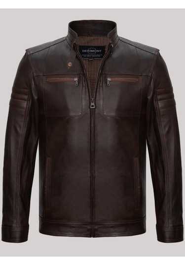 Hakiki Kuzu Derisi Kahverengi Koldan Düz Çizgili Fermuarlı Dört Cepli Erkek Deri Mont Kahverengi