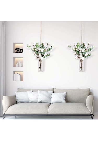 4 Adet Okaliptuslu Doğal Pamuk Çiçeği Dalı 5Li Kuru Çiçek Yapay Ç