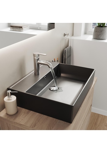 Aqua Bagno Plan Tezgah Üstü Kare Lavabo 55 x 45 CM Mat Siyah
