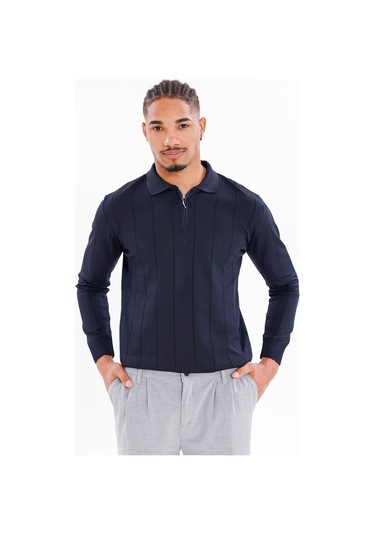 Monox Erkek Yarım Fermuarlı Polo Yaka Triko Kazak Lacivert