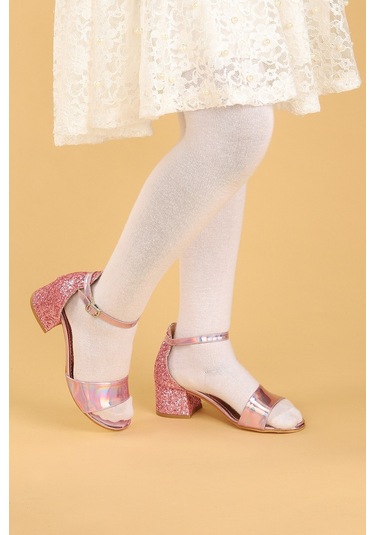 Kiko Kids 768 Ayna Çam Günlük Kız Çocuk 3 Cm Topuklu Sandalet Ayakkabı Pudra