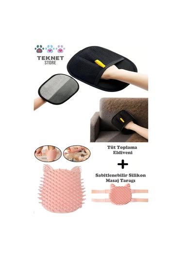 Teknetstore Kedi Köpek Tüy Toplama Eldiveni & Evcil Hayvan Masaj Tarağı 2'li Set