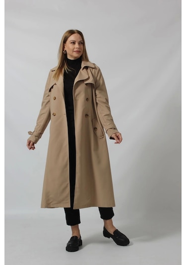 Dizaltı Düğmeli Kuşaklı Trençkot Vizon Taş