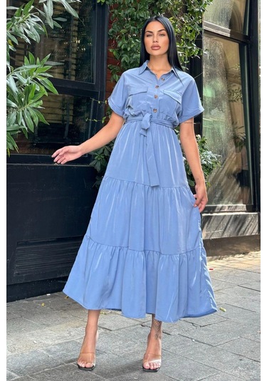 Mavi Pliseli Kuşaklı Maxi Uzun Ceket Elbise Mavi