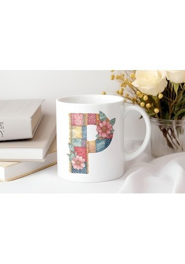 P Harfli Retro Çiçekli Kupa Bardak - Patchwork Tarz Yamalı Desenli İsme Özel Kupa - Hediye 07 Beyaz