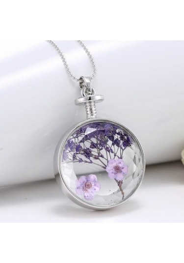 Chavin Kristal Cam Kurutulmuş Çiçek Kadın Kolye Dr36 Mavi