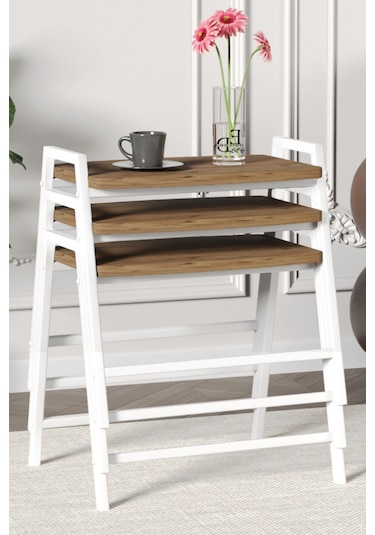 Zigon Sehpa , Aden 3'lü Tepsi Zigon Sehpa Takımı Beyaz Metal - Atlantik Çam Tabla Beyaz-atlantik Çam