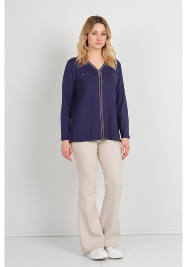 Detay Triko Kadın Süs Cepli Toka Detaylı Uzun Kol Anne Bluz 5717 Mor Mor