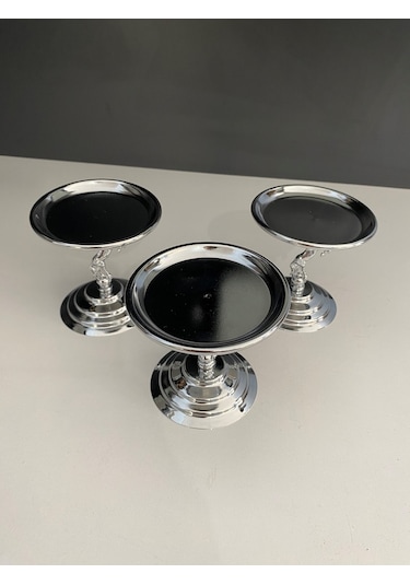 3'lü Atlı Gümüş Lokumluk, Çay Ve Kahve Yanı Sunumluk, Metal Şekerlik, Makaronluk Gümüş