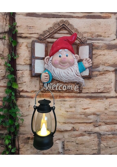 1 Adet Dekoratif Duvar Ve Bahçe Süsü Fenerli Sevimli Cüce Kırmızı