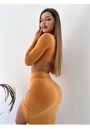 Hardal Sandy Kumaş Tokalı Uzun Kollu İkili Takım Hardal