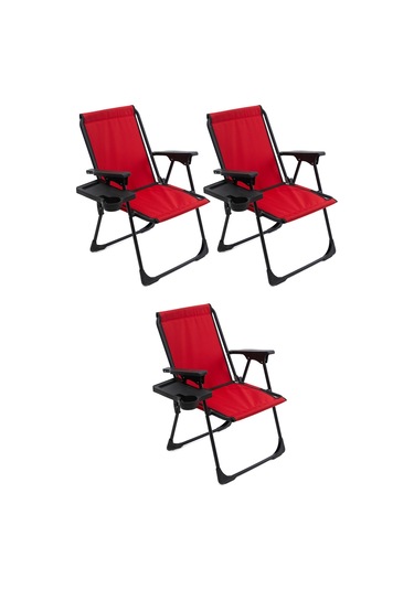 Natura 3 Adet Kamp Sandalyesi Dikdörtgen Bardaklıklı - Kırmızı