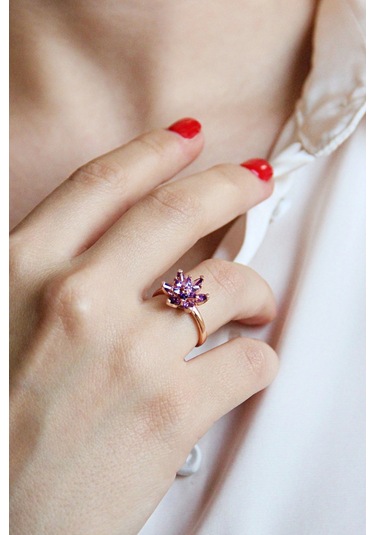 925 Ayar Gümüş Rose Mor Lotus Çiçeği Yüzük - 34023301