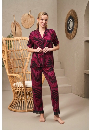 Pjs 25140 Kadın Yakalı Düğmeli Desenli Kısa Kollu Pijama Takım Bordo