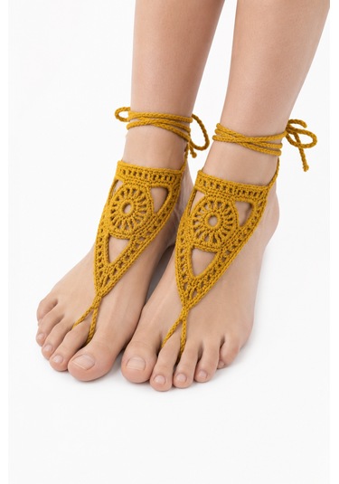 Boho Stil Barefoot Sandal El Yapımı Hardal Ayak Aksesuarı Çift