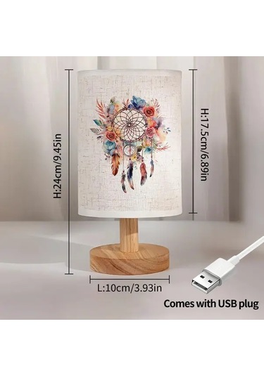 Willowhaven 24x10 Dreamcatcher Masa Lambası Usb Güçlü Çiçek Desenli Nordic Ahşap Taban Yatak Odası Ofis Dekor Hediye Füme