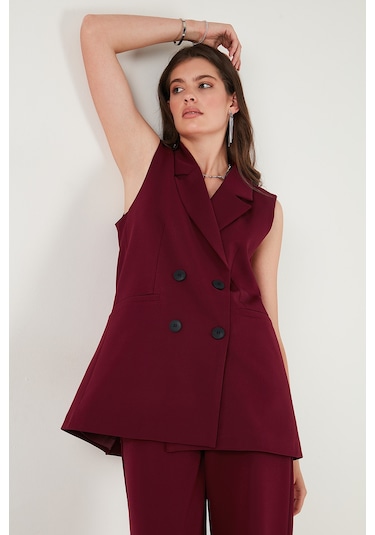 Lela Oversize Fit Mono Yaka Kolsuz Düğmeli Ceket Bayan Yelek 6521177 Bordo