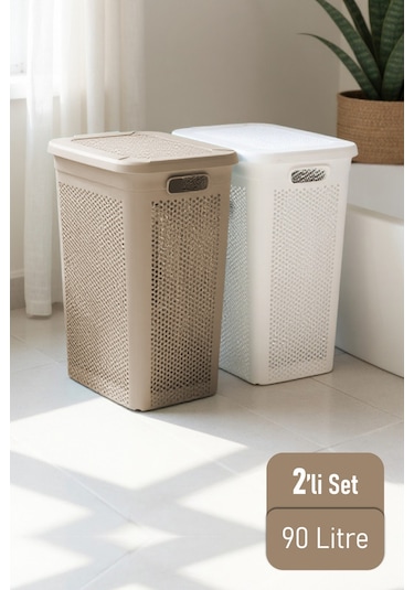 İronika Slim İki Bölmeli Kapaklı Dekoratif Kirli Çamaşır Sepeti 90 Litre Kahve - Beyaz Kahve