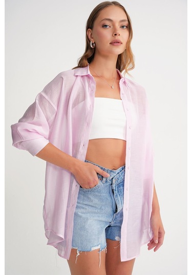 4667 Kadın İnce Oversize Modal Gömlek Pembe Pembe