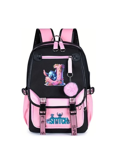 Honeybeeshop Z Dısney Stitch Büyük Kapasiteli Sırt Çantası Pembe Siyah Iki Tonlu Ayarlanabilir Askılıklar Dayanıklı Polyester Okul Seyahat Günlük Kullanım Z