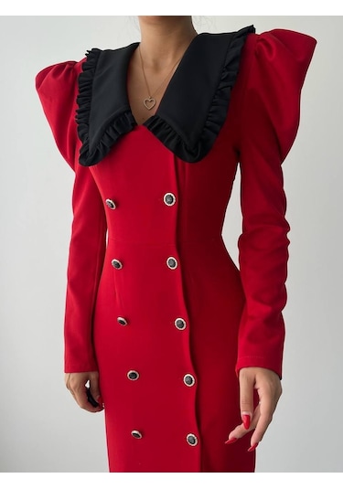 S-pazarım Palmas Geniş Yakalı Elbise Kırmızı