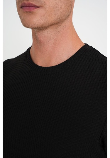 Comfort Fit Bisiklet Yaka Fitilli Kısa Kol Siyah Tişört Ts 912 Siyah