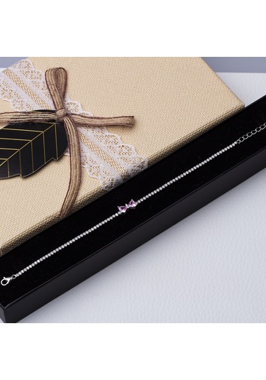 Fiyonk Model Pembe Zirkon Taşlı 925 Ayar Gümüş İnce Suyolu Kadın Bileklik Gümüş