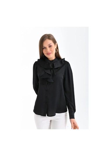 Kadın Siyah Hafif Dökümlü Volanlı Yaka Saten Gömlek 001
