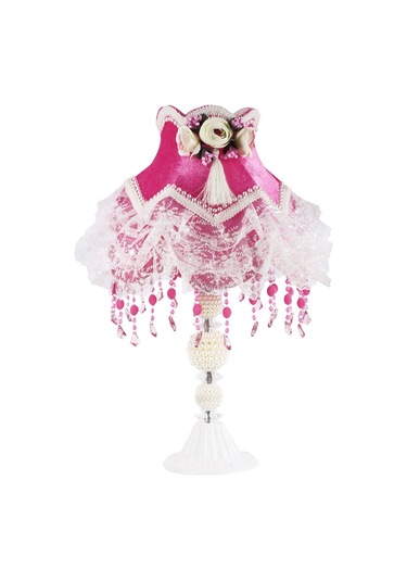 Çiçek Dekorlu Abajur Beyaz ve Fuşya Klasik Model Fuşya